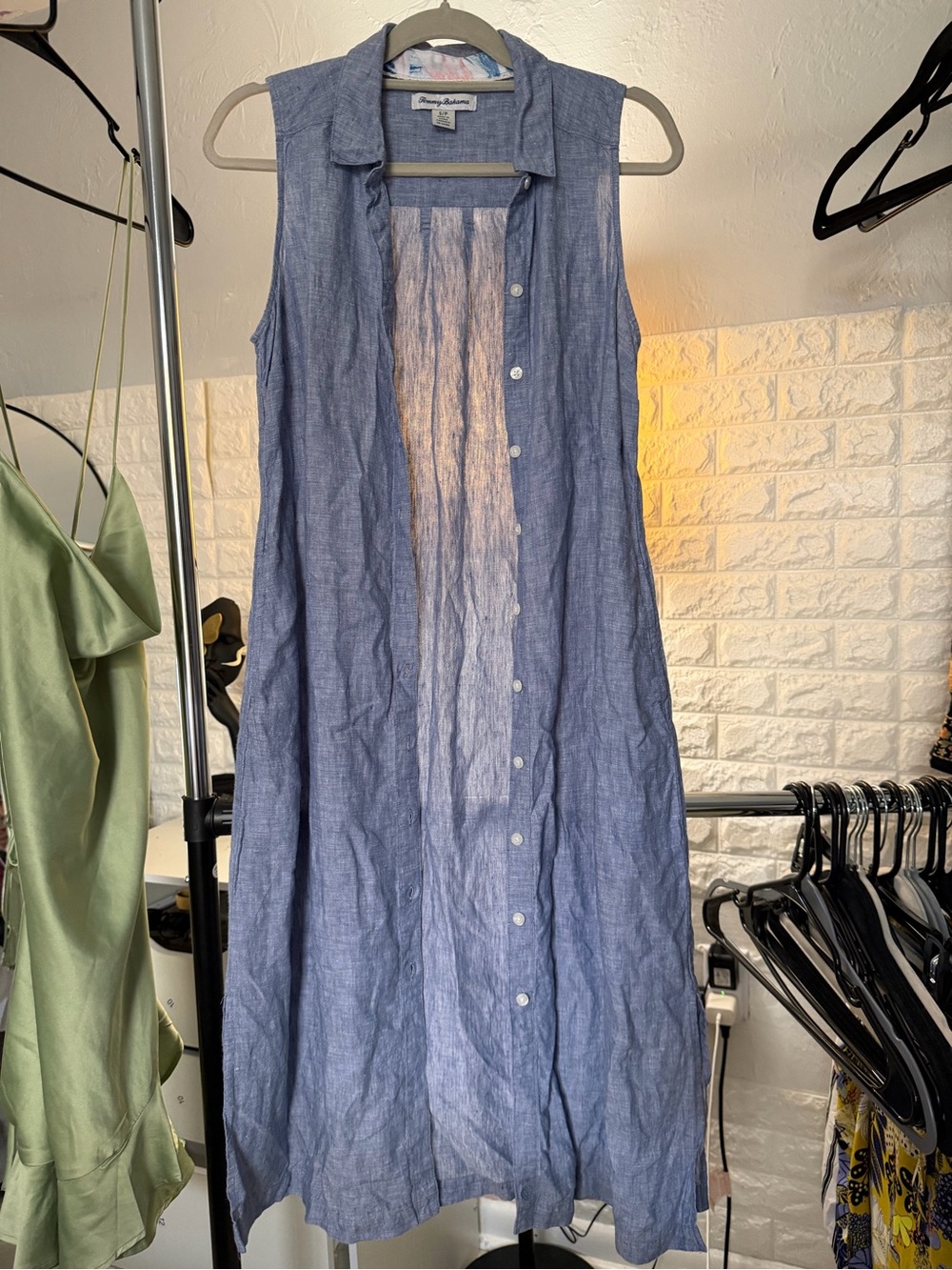 Tommy Bahama Sleeveless Chambray Blue Button-Front Maxi Dress S